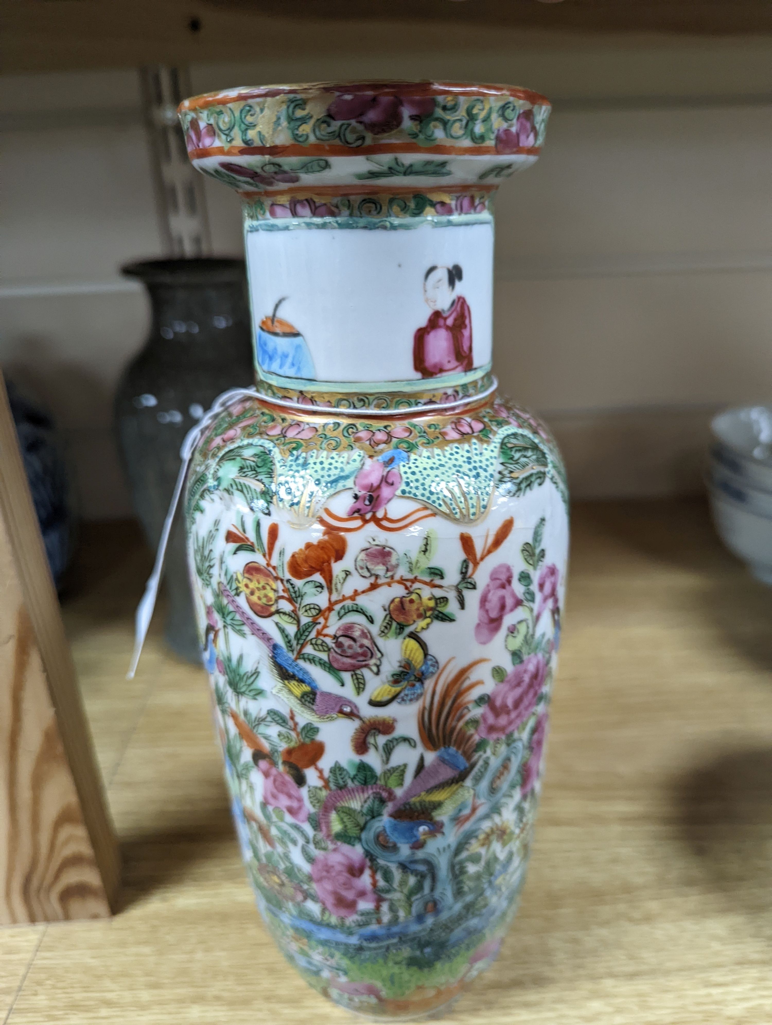 Two Chinese famille rose vases and a Celadon crackle glazed vase, 19th-century and later, tallest 25 cm